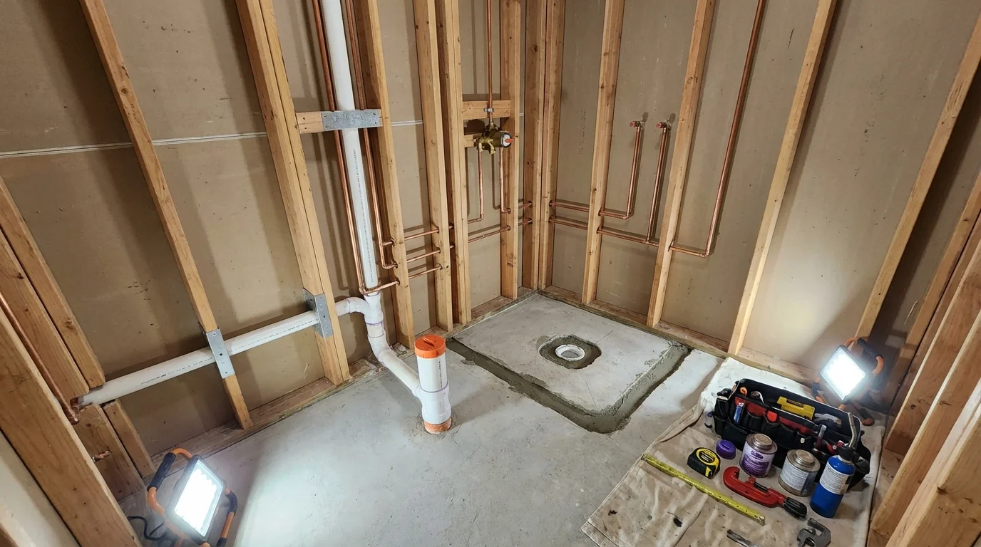 Bathroom rough-in plumbing during remodel by Johns Plumbing LLC in Kermit