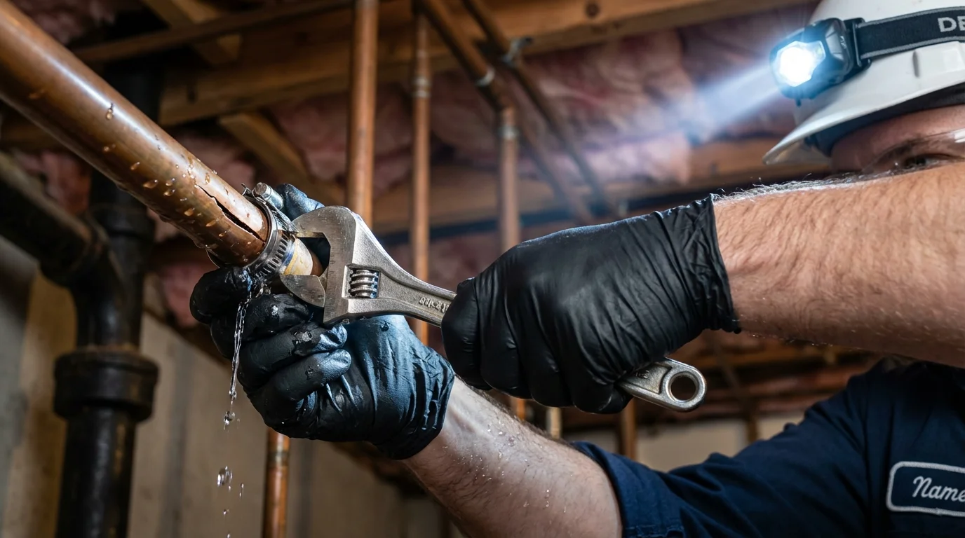 Emergency pipe clamp repair being performed by a Johns Plumbing LLC plumber in Kermit
