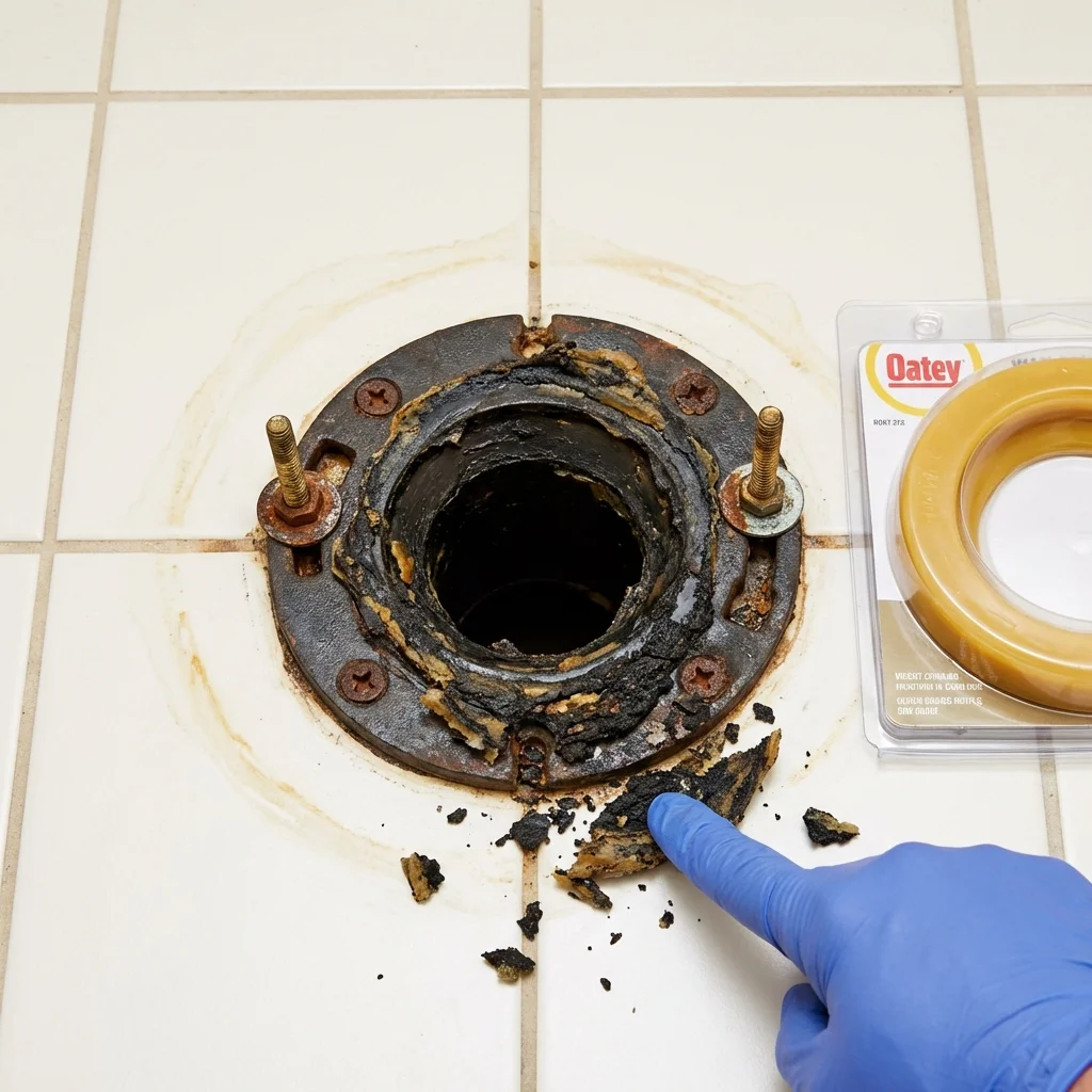 Failed wax ring showing water seepage at the base of a toilet in a Kermit, TX home