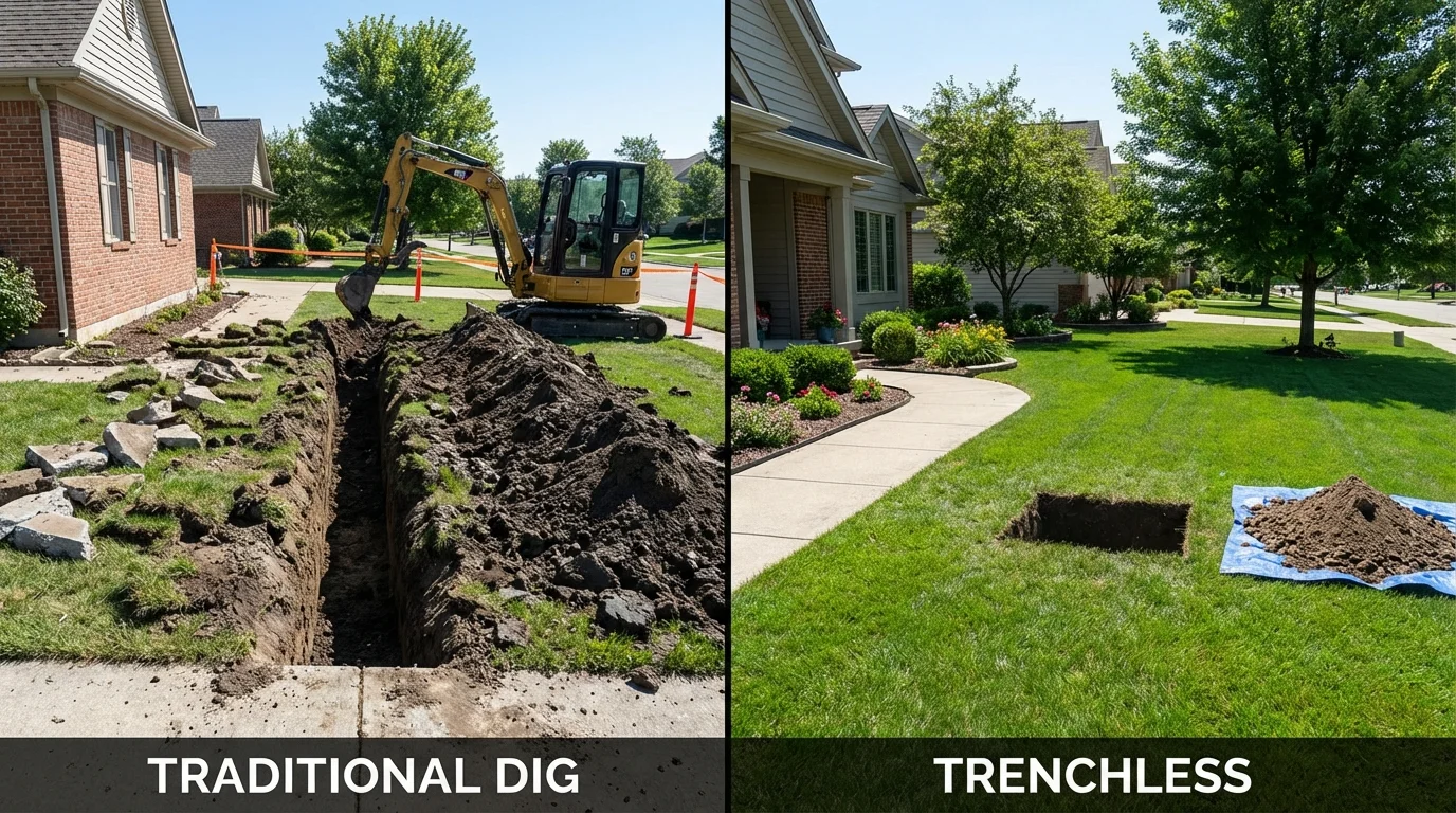 Trenchless sewer repair with minimal yard damage versus traditional excavation in Kermit, TX