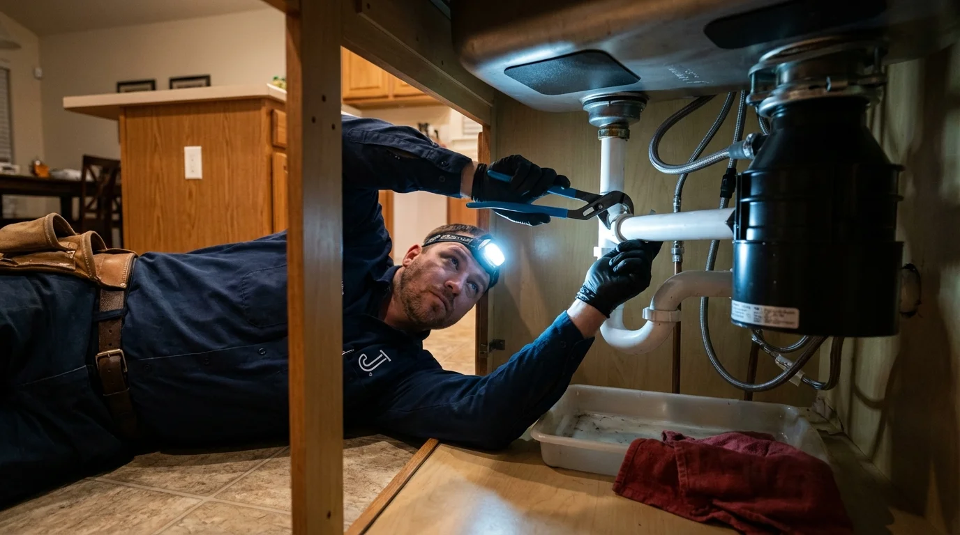 P-trap and supply line connections under a kitchen sink showing a common leak point in Kermit, TX